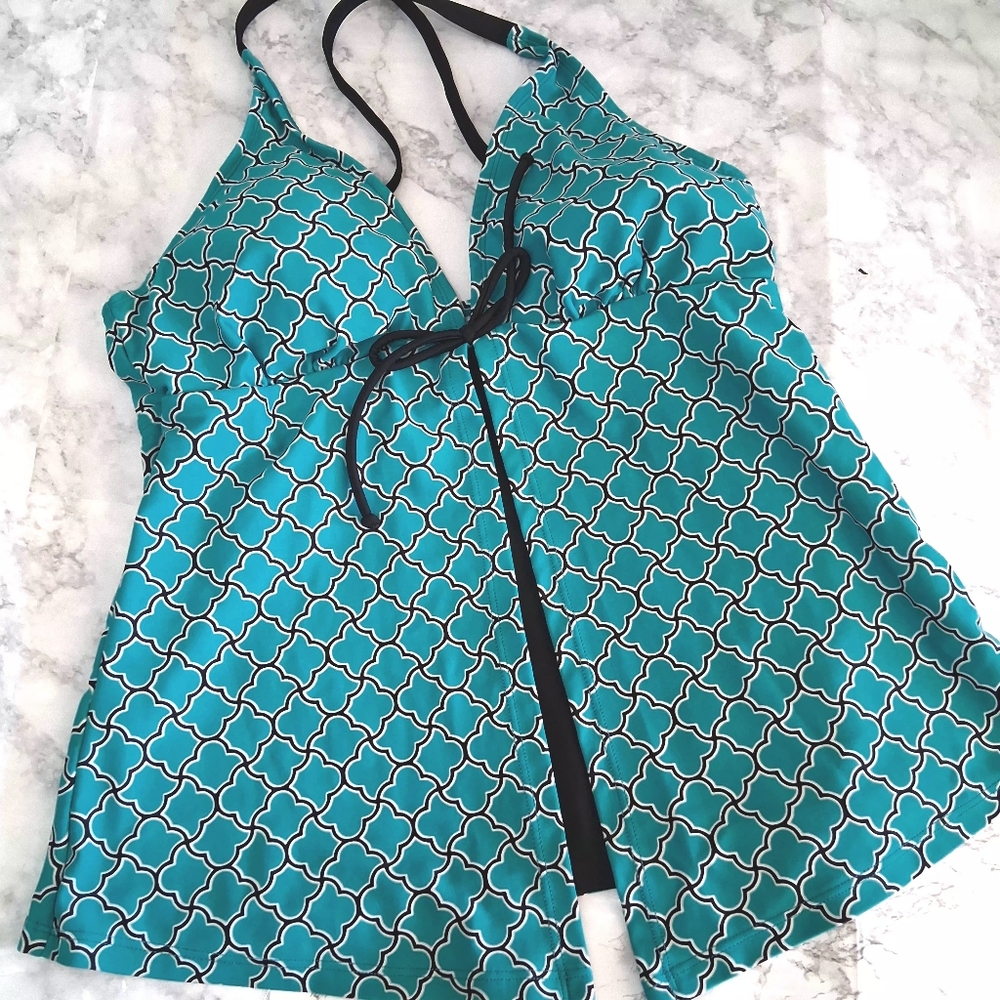🩱BEACH DIVA Teal Geometric Women Tankini Top Size 12